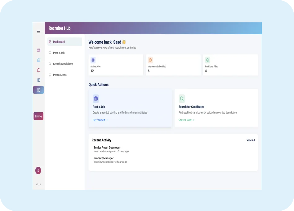 Dashboard interface of ORO AI Recruiter Hub displaying job postings, active jobs, interview statistics, and quick actions for posting jobs and searching candidates.